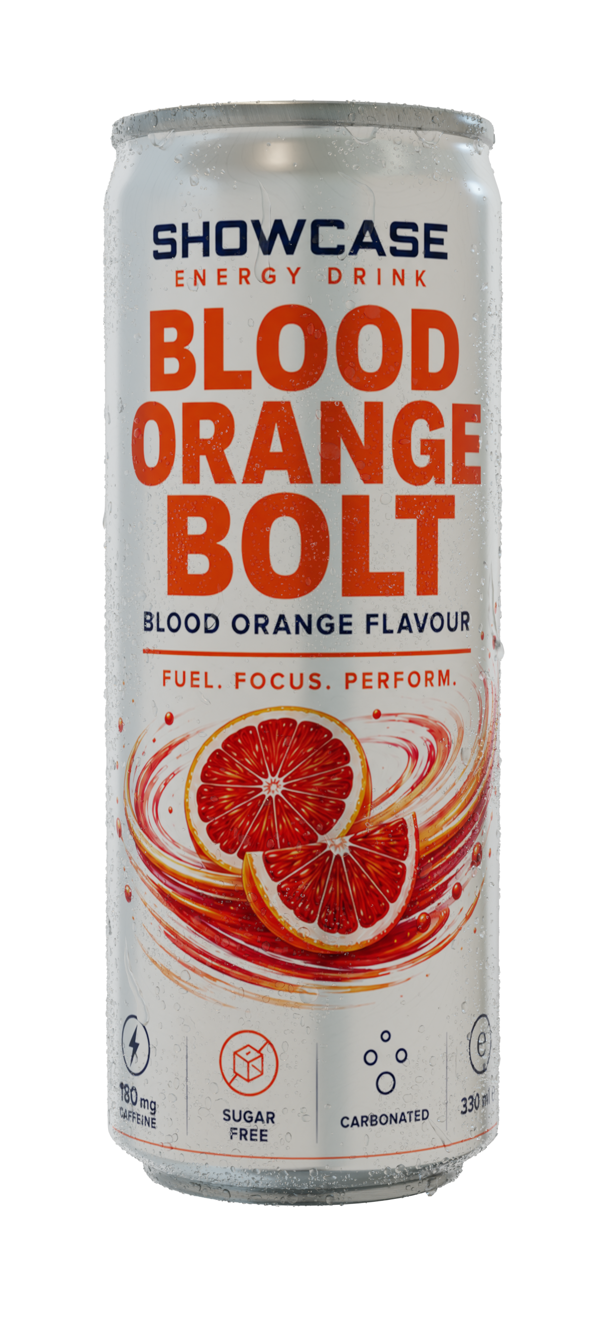 Studio-renderad Showcase-burk med Blood Orange-smak